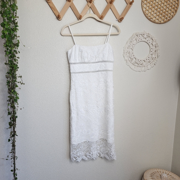 ML Monique Lhuillier Sleeveless Eyelet White Lace Midi Dress Women's Size 0 NWT - Picture 2 of 10